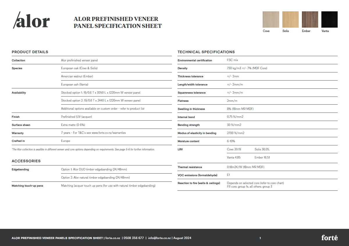 Alor Prefinished Timber Veneer Panel Specsheet