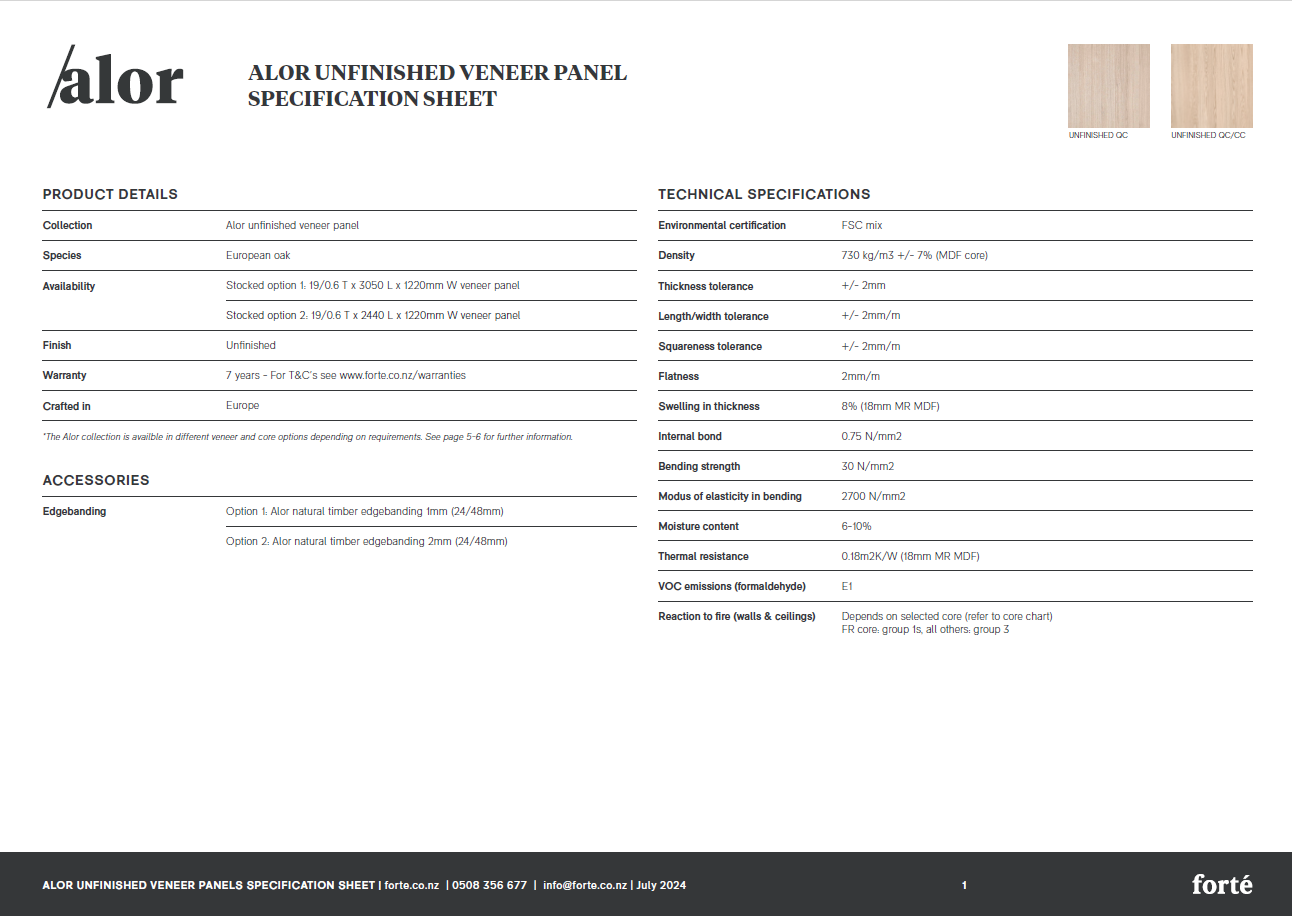 Alor Unfinished Timber Veneer Panel Specsheet