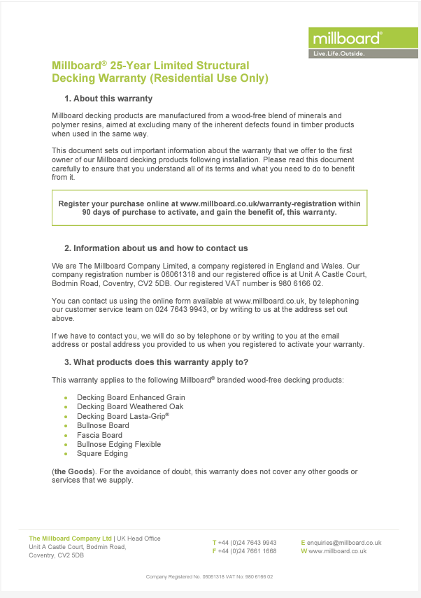 Millboard Structural Warranty