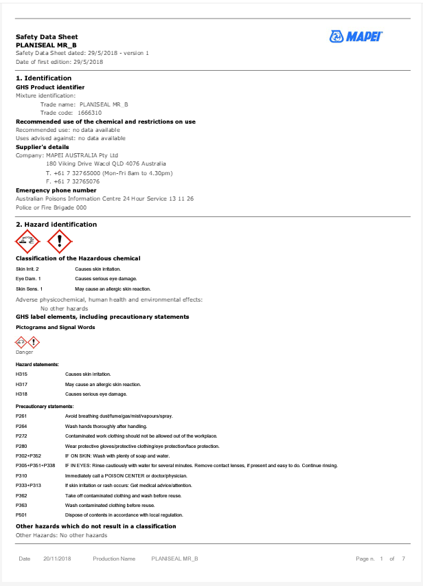 Mapei Safety Datasheet Planiseal MR