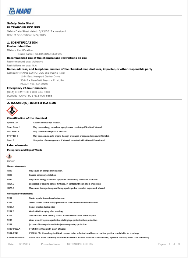 Mapei Safety Datasheet Ultrabond Eco 995