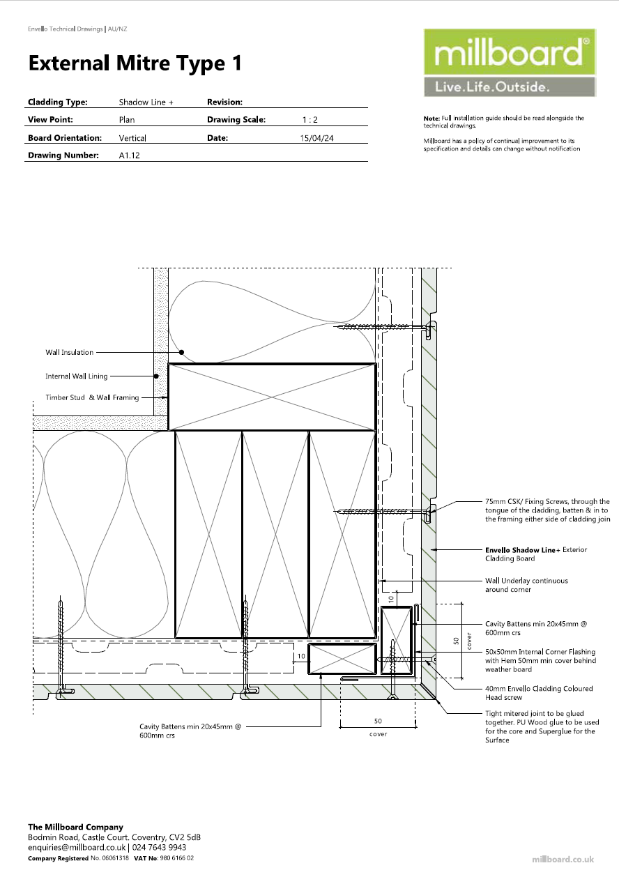 Millboard Detailing - Shadow Line External Mitre Type 1