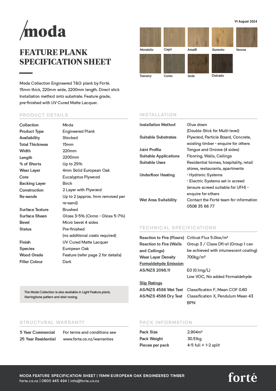 Moda Feature Specsheet