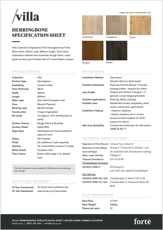 Villa Herringbone Specification Sheet
